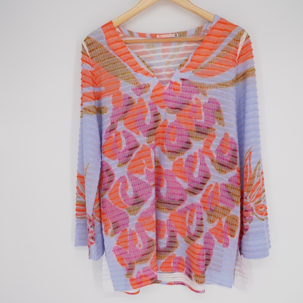 Before + Again Boho Tunic Top Womens L Banda Print Pleated Thermal Long Sleeve